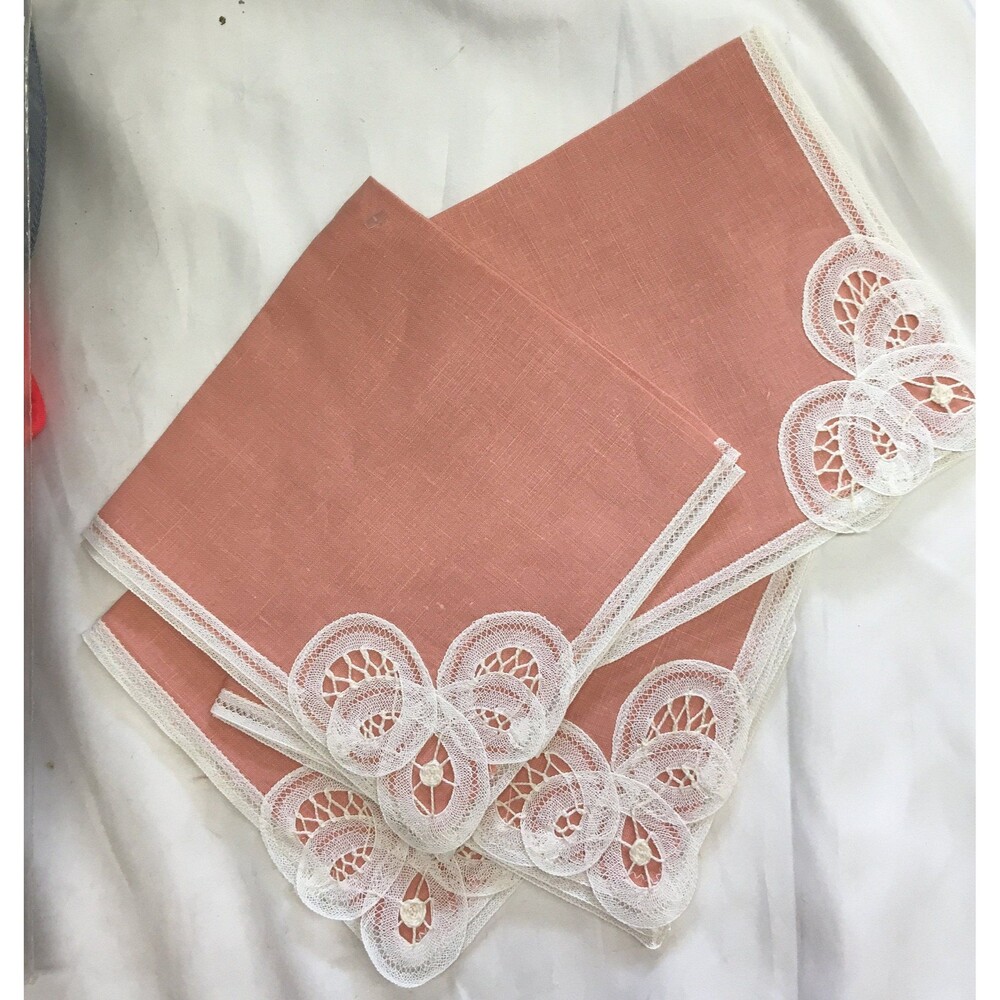 Vintage Handmade Linen Napkins 12" x 12" Coral  Lot of 4